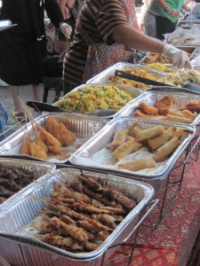 assorted Chinese food on a stick