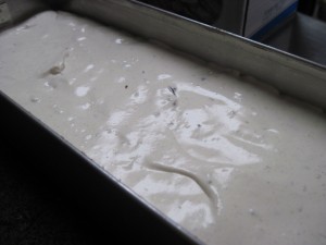 pour rum raisin semifreddo into your prepared mold lined with your thin brownie