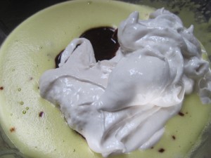 egg yolks, Italian meringue plus chocolate/butter mixture before whipping