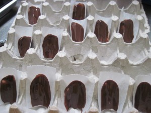 lay each piece into the crevice of an egg carton to create the curved petal, repeat with the other papers
