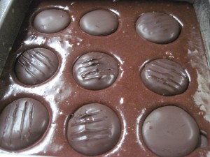 add homemade peppermint patties to half of the brownie batter in the baking pan then cover with the rest of the batter and bake