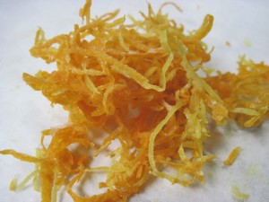 candied zest strands ready to be chopped