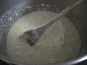 add flour all at once and stir well