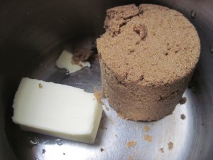 add butter and dark brown sugar together and cook until bubbling