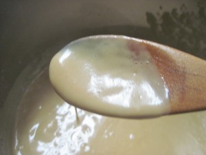 add the egg and milk mixture into the pot with the rest of the ingredients and whisk until thick