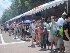 Lines for the free food pavillion