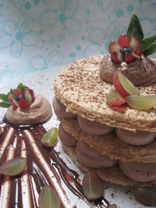 individually piped out dacquoise discs filled with chocolate buttercream