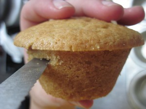 make a small slit in the cake at an angle and swipe across the inside of the cake without going thru