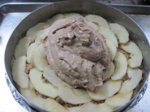 add the apples on top of the streusel and the top this with the other half of the batter
