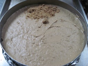 add half of the cake batter and then add the one third of the streusel on top