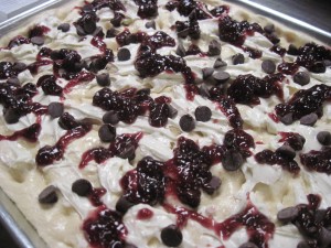 Next add the home made fig jam and dark chocolate chips to the focaccia dough