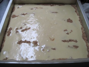 pour the other half of the hot milk cake batter on top of the streusel