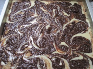 swirl the dark chocolate pumpkin-apple butter into the hot milk cake batter