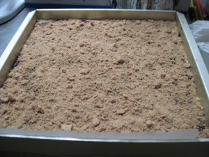 Add the other half of the streusel on top of the hot milk cake batter