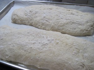 place dough onto paper lined and flour dusted sheet pan and flour the surface of the ciabatta dough again before baking