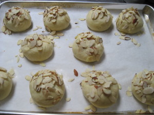 Once they have proofed, brush on some egg wash and coat with almonds
