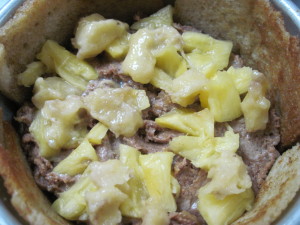 Capirotada with fig butter, bananas, pineapple and pecans