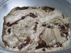Gently swirl in toffee and pecans into ice cream, www.goodfoodgourmet.com